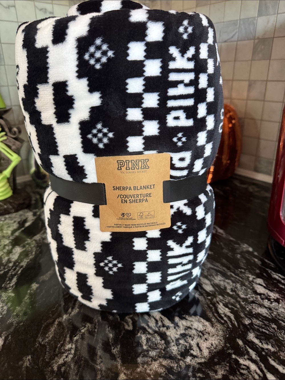 PINK Victoria's Secret Black & White Patterned Sherpa Blanket